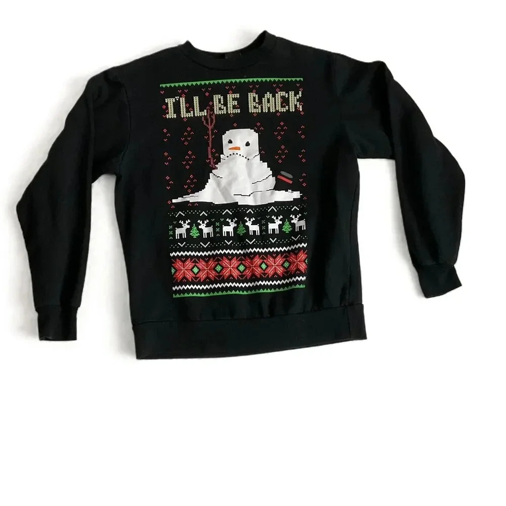Mad Engine Black Reindeer Text‎ Ill Be Back Christmas Sweatshirt Small